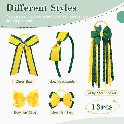Yellow & Green School Hair Accessories Set 13 Pcs Uniform Hair Bow Headband Clips Hair Ties Curly Korker Bows for Little Toddler School Girls (Yellow&Green)