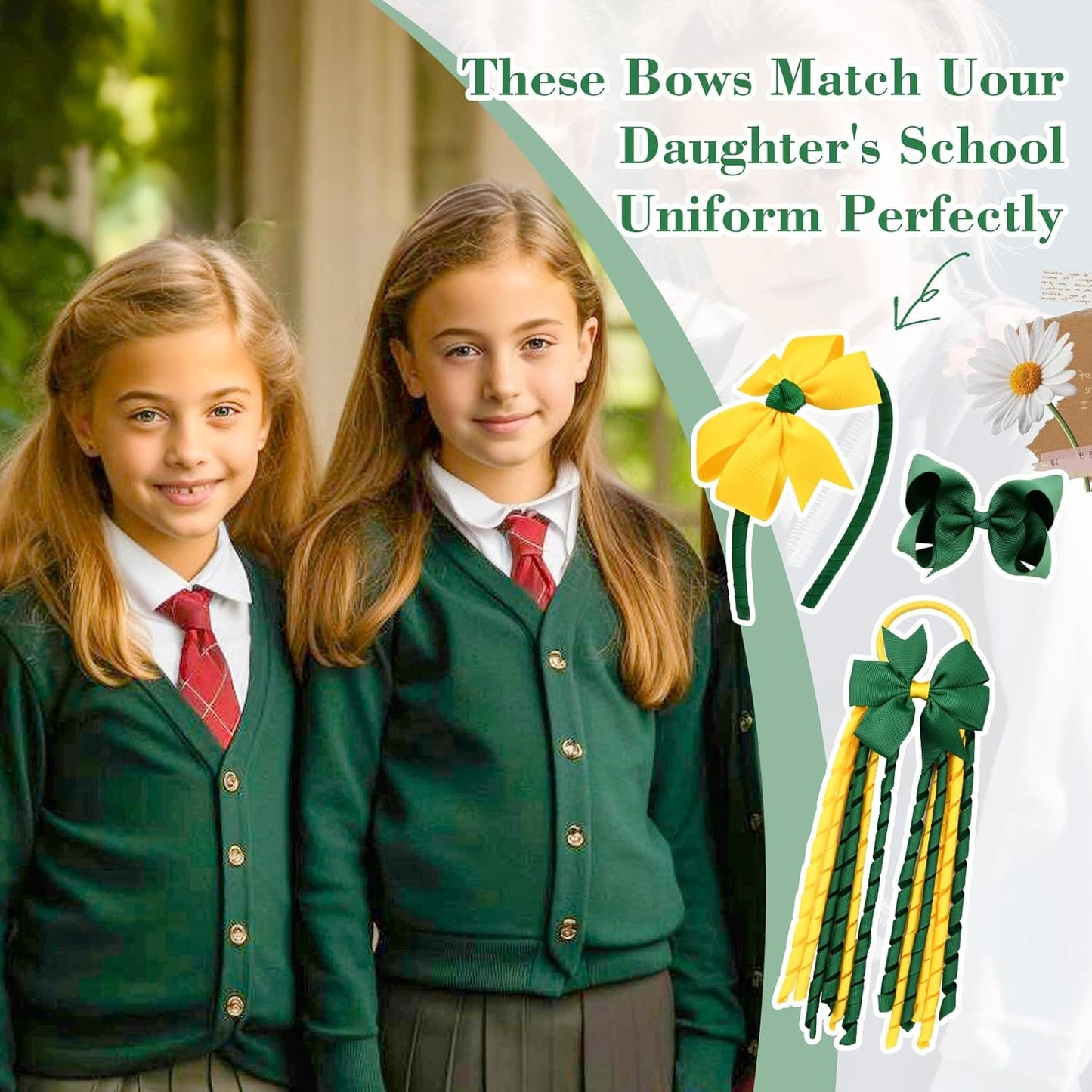 Yellow & Green School Hair Accessories Set 13 Pcs Uniform Hair Bow Headband Clips Hair Ties Curly Korker Bows for Little Toddler School Girls (Yellow&Green)