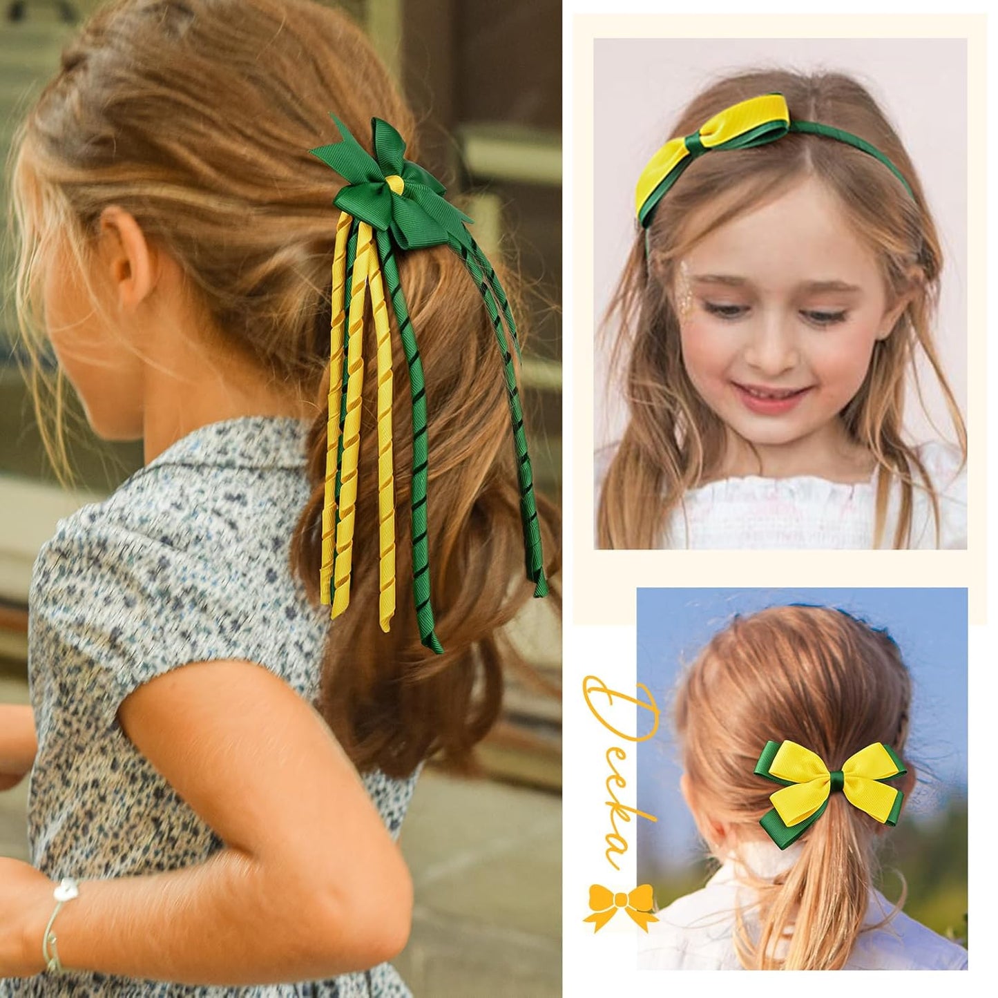 Yellow & Green School Hair Accessories Set 13 Pcs Uniform Hair Bow Headband Clips Hair Ties Curly Korker Bows for Little Toddler School Girls (Yellow&Green)
