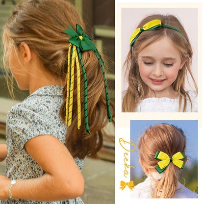 Yellow & Green School Hair Accessories Set 13 Pcs Uniform Hair Bow Headband Clips Hair Ties Curly Korker Bows for Little Toddler School Girls (Yellow&Green)