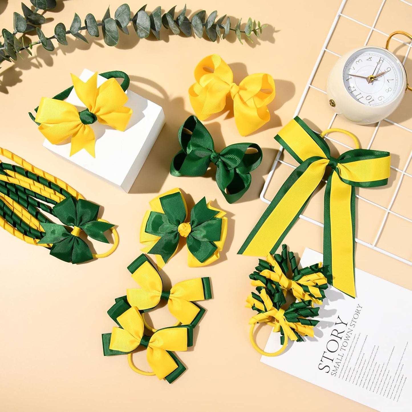 Yellow & Green School Hair Accessories Set 13 Pcs Uniform Hair Bow Headband Clips Hair Ties Curly Korker Bows for Little Toddler School Girls (Yellow&Green)