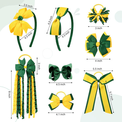 Yellow & Green School Hair Accessories Set 13 Pcs Uniform Hair Bow Headband Clips Hair Ties Curly Korker Bows for Little Toddler School Girls (Yellow&Green)