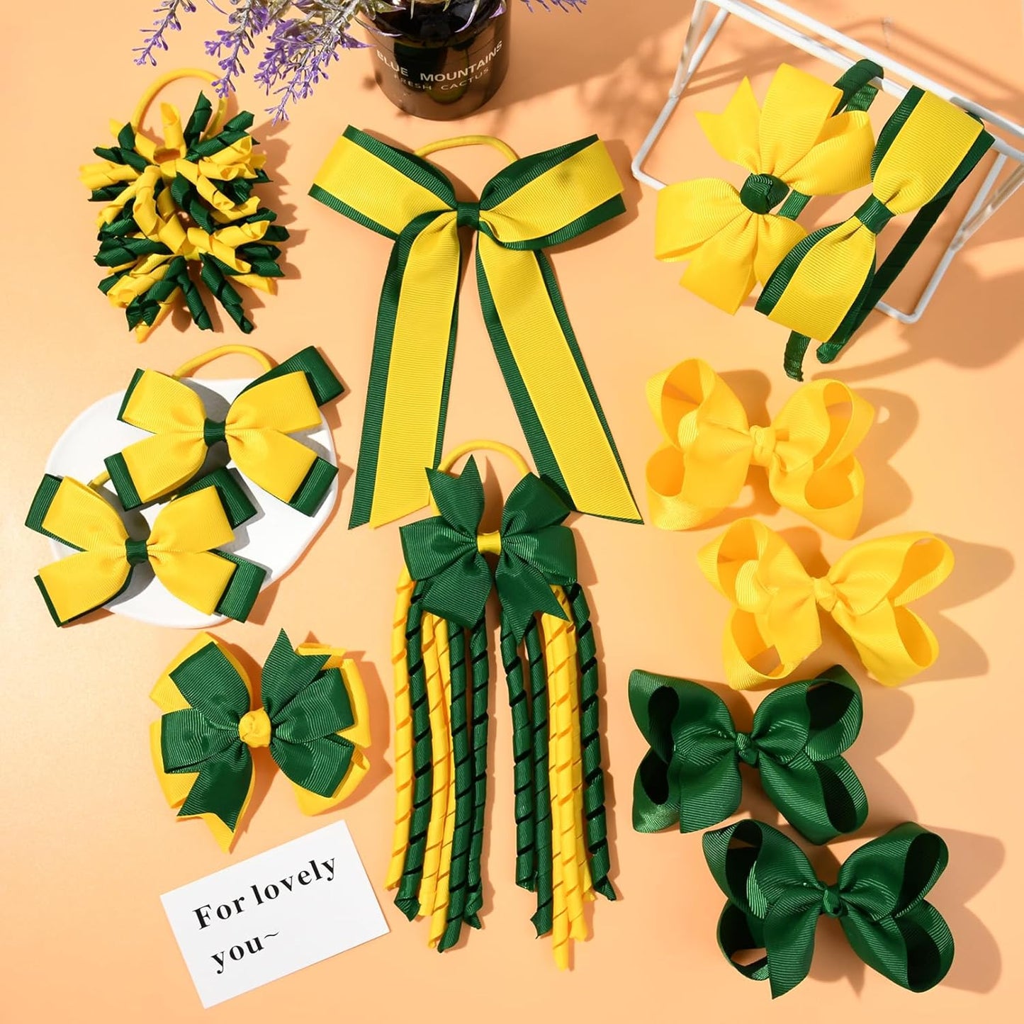 Yellow & Green School Hair Accessories Set 13 Pcs Uniform Hair Bow Headband Clips Hair Ties Curly Korker Bows for Little Toddler School Girls (Yellow&Green)