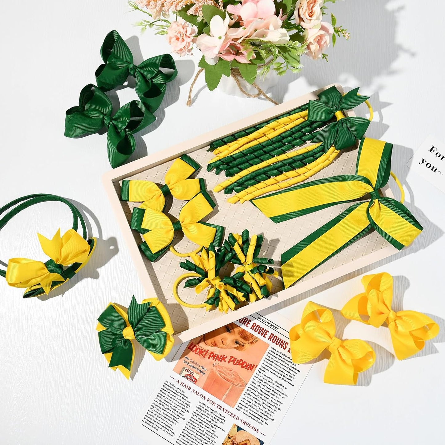 Yellow & Green School Hair Accessories Set 13 Pcs Uniform Hair Bow Headband Clips Hair Ties Curly Korker Bows for Little Toddler School Girls (Yellow&Green)