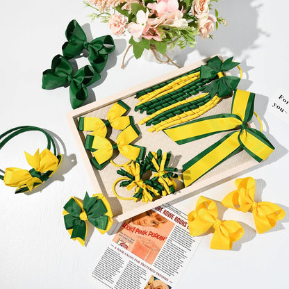 Yellow & Green School Hair Accessories Set 13 Pcs Uniform Hair Bow Headband Clips Hair Ties Curly Korker Bows for Little Toddler School Girls (Yellow&Green)