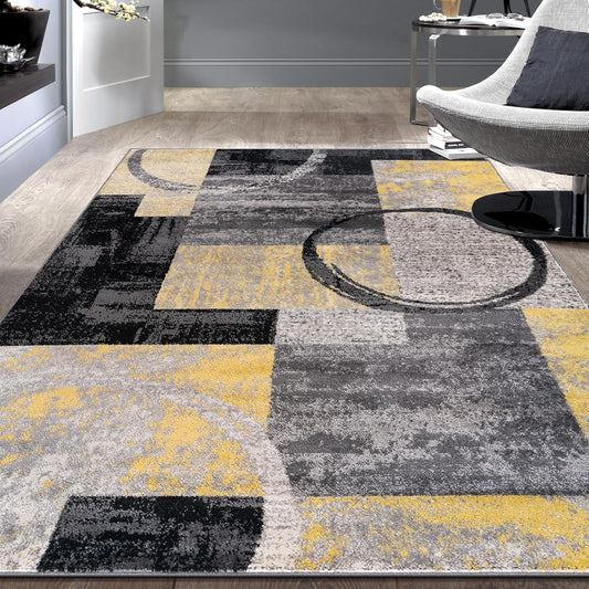 Contemporary Circle Design Area Rug, Fade-Resistant Carpet for Bedroom, Home Office, or Entryway, Yellow, 3'3" x 5'