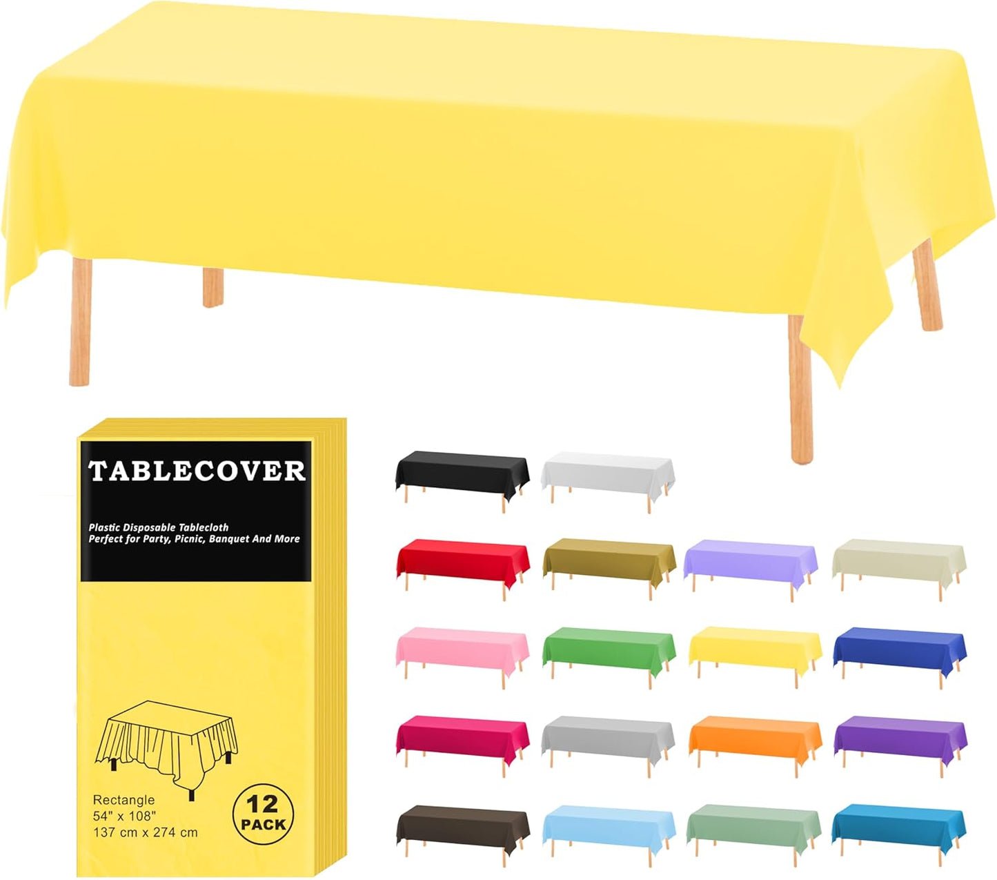 Plastic Table Cloth Disposable, 12 Pack Yellow Rectangle Tablecloth Individually Wrapped for Indoor&Outdoor, 54 x 108 Inch Table Cover for Party, Picnic, Birthday, Wedding & Dinner