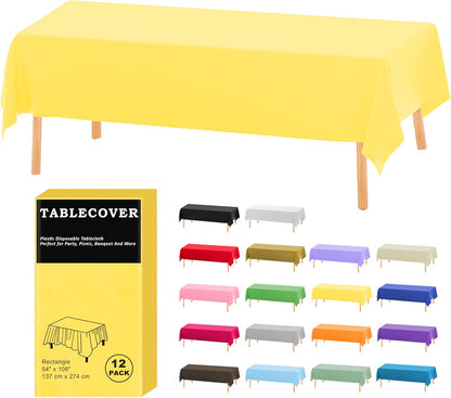 Plastic Table Cloth Disposable, 12 Pack Yellow Rectangle Tablecloth Individually Wrapped for Indoor&Outdoor, 54 x 108 Inch Table Cover for Party, Picnic, Birthday, Wedding & Dinner