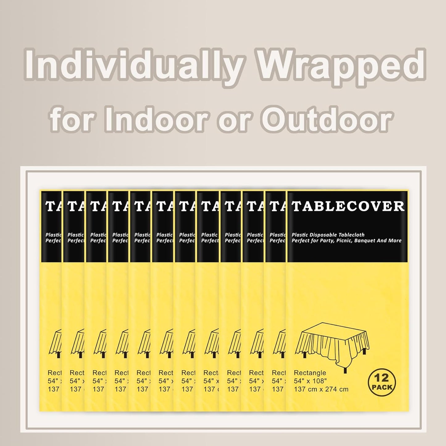 Plastic Table Cloth Disposable, 12 Pack Yellow Rectangle Tablecloth Individually Wrapped for Indoor&Outdoor, 54 x 108 Inch Table Cover for Party, Picnic, Birthday, Wedding & Dinner