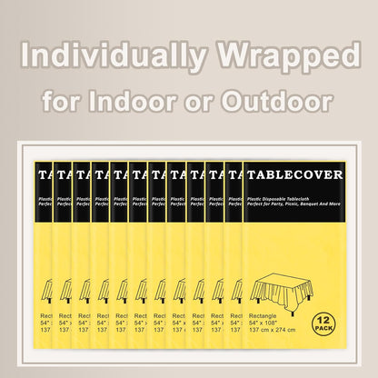 Plastic Table Cloth Disposable, 12 Pack Yellow Rectangle Tablecloth Individually Wrapped for Indoor&Outdoor, 54 x 108 Inch Table Cover for Party, Picnic, Birthday, Wedding & Dinner