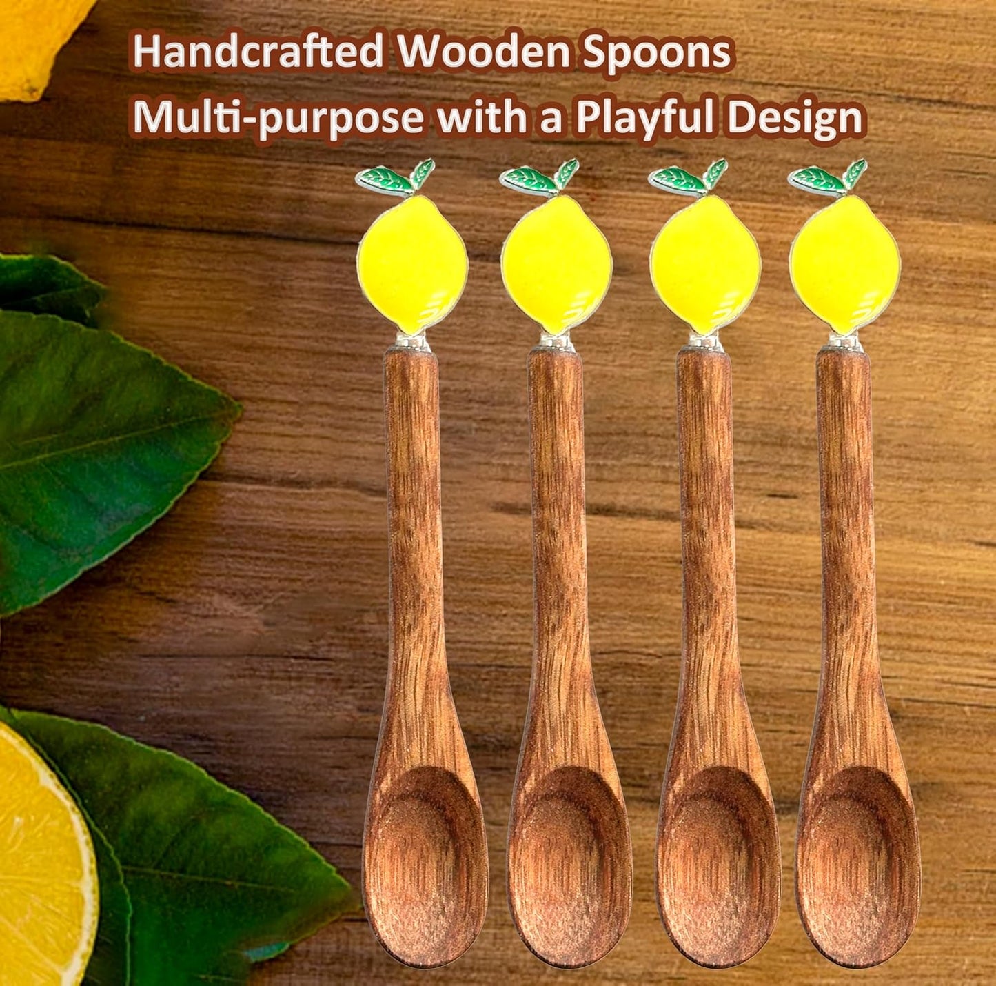 Wooden Stir Spoon for Honey Coffee Stirring Tea Yogurt Jars, Cute Small Wooden Spoon for Eating, Collection Spoons, Holiday Wooden Teaspoon 5.1 Inches Length(4pcs) (Lemon)
