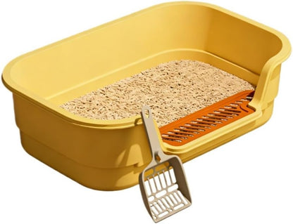 Semi Enclosed Cat Litter Box with High Sides, Low Entry Extra Large Litter Box for Indoor Cats, Senior Cats & Kittens, Easy Clean & Anti-Splashing Pet Potty 16.54''LX11.02''WX4.72''H (Yellow)