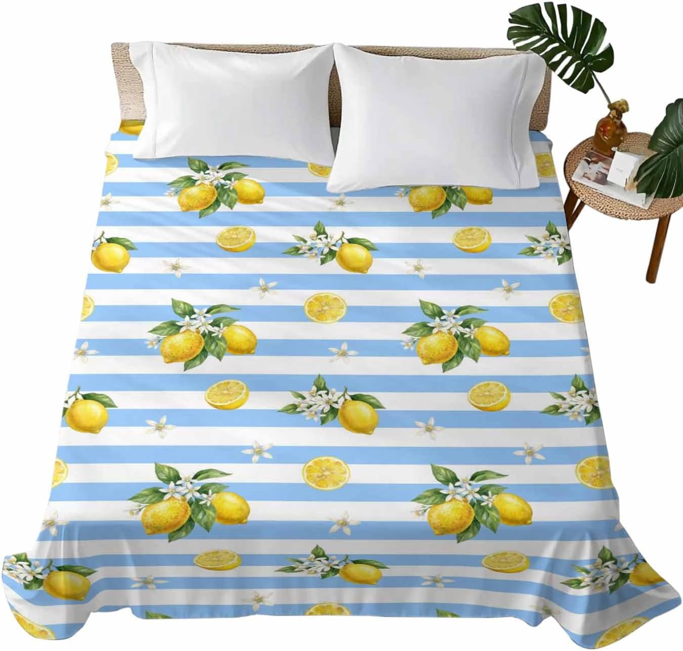 Twin Size Flat Sheet Only, Summer Lemon Flower Leaf Bed Top Sheet Soft Microfiber Breathable Bedding Flat Sheets, Yellow Fruit Blue White Stripe Top Sheets Hotel Luxury