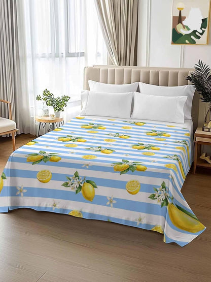 Twin Size Flat Sheet Only, Summer Lemon Flower Leaf Bed Top Sheet Soft Microfiber Breathable Bedding Flat Sheets, Yellow Fruit Blue White Stripe Top Sheets Hotel Luxury