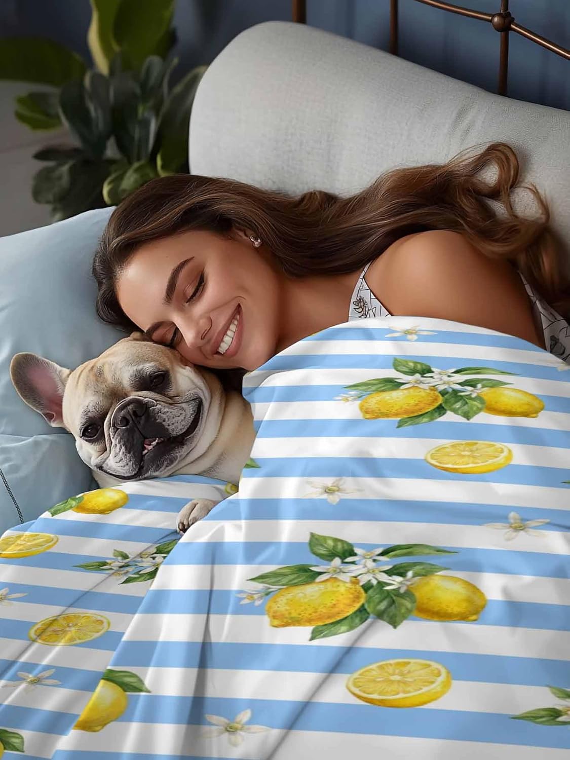 Twin Size Flat Sheet Only, Summer Lemon Flower Leaf Bed Top Sheet Soft Microfiber Breathable Bedding Flat Sheets, Yellow Fruit Blue White Stripe Top Sheets Hotel Luxury