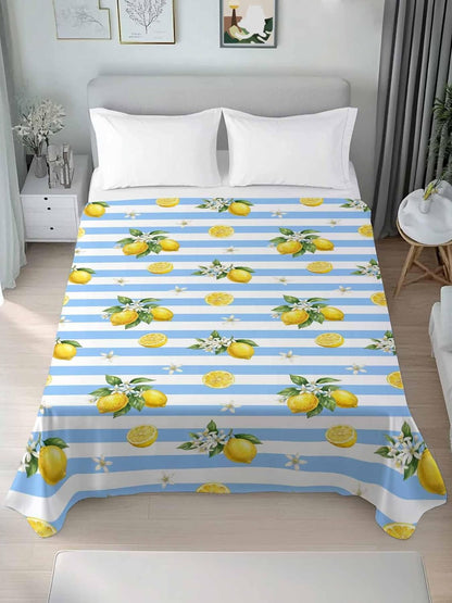 Twin Size Flat Sheet Only, Summer Lemon Flower Leaf Bed Top Sheet Soft Microfiber Breathable Bedding Flat Sheets, Yellow Fruit Blue White Stripe Top Sheets Hotel Luxury