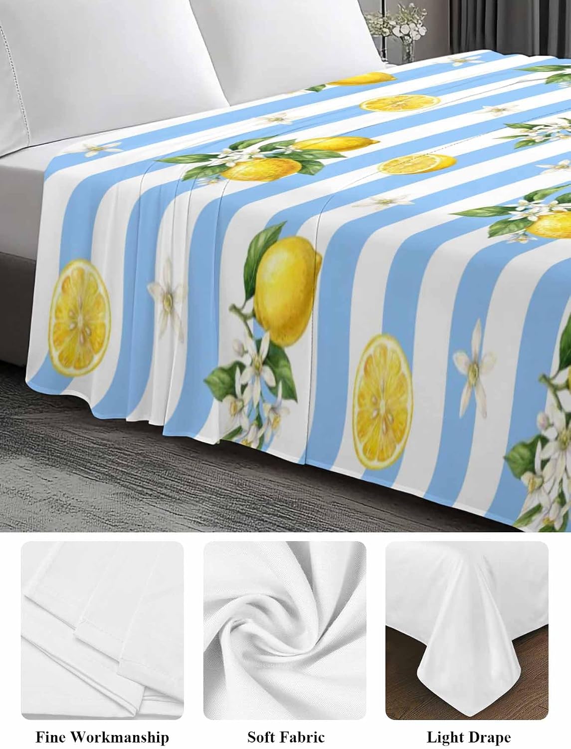 Twin Size Flat Sheet Only, Summer Lemon Flower Leaf Bed Top Sheet Soft Microfiber Breathable Bedding Flat Sheets, Yellow Fruit Blue White Stripe Top Sheets Hotel Luxury