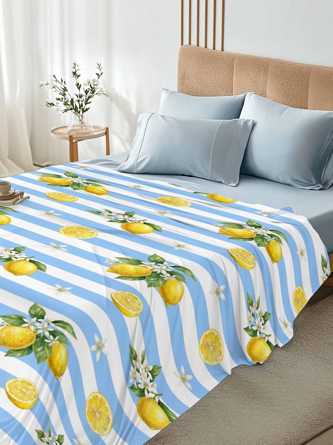 Twin Size Flat Sheet Only, Summer Lemon Flower Leaf Bed Top Sheet Soft Microfiber Breathable Bedding Flat Sheets, Yellow Fruit Blue White Stripe Top Sheets Hotel Luxury