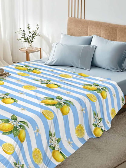 Twin Size Flat Sheet Only, Summer Lemon Flower Leaf Bed Top Sheet Soft Microfiber Breathable Bedding Flat Sheets, Yellow Fruit Blue White Stripe Top Sheets Hotel Luxury