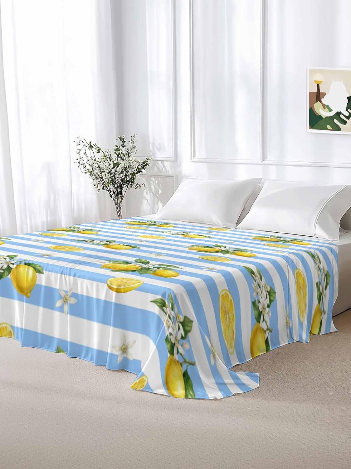 Twin Size Flat Sheet Only, Summer Lemon Flower Leaf Bed Top Sheet Soft Microfiber Breathable Bedding Flat Sheets, Yellow Fruit Blue White Stripe Top Sheets Hotel Luxury