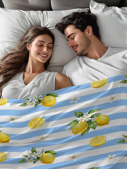 Twin Size Flat Sheet Only, Summer Lemon Flower Leaf Bed Top Sheet Soft Microfiber Breathable Bedding Flat Sheets, Yellow Fruit Blue White Stripe Top Sheets Hotel Luxury
