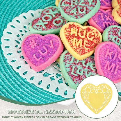 Paper Doilies, Heart Paper Lace Doilies Disposable Placemats Modern Tableware Decorative Bulk -Fitting for (Cakes/Desserts/Baked Grilled Fried Food) 4 Inch & 200 Pack & Yellow