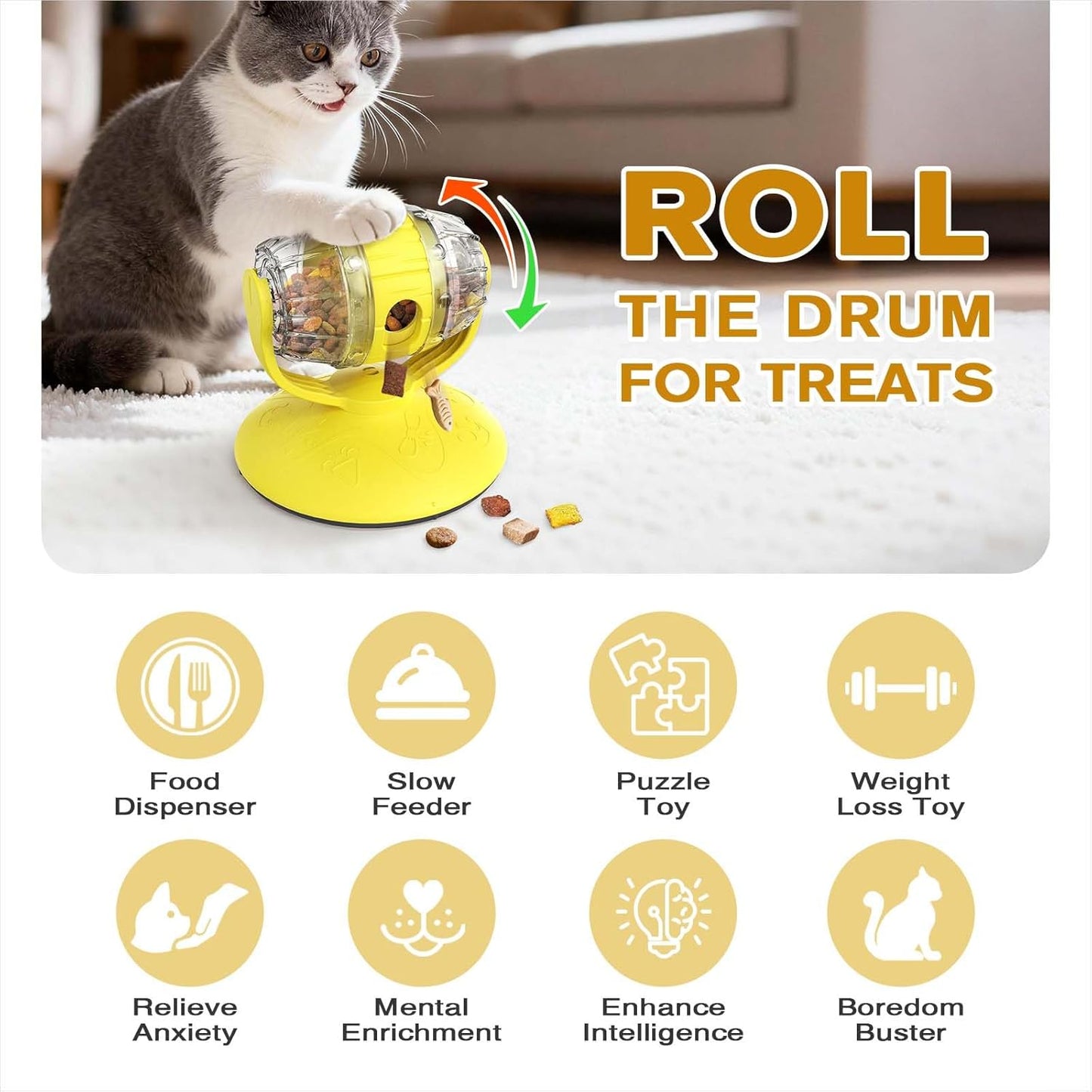 Cat Slow Feeder Toy, Interactive Cat Toy, cat treat dispenser toy(Yellow) | Beer Barrel Cat Toy for Indoor Cats and Small Dogs, Enrichment Toy for IQ Training, Mental Stimulation, Relieve Boredom