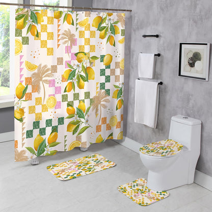 Summer Lemon Shower Curtain Sets with Rugs Citru Fruit Bathroom Set | Tropical Green Leaves Plant Geometric Boho Summer Home Bath Bathtub Decor Durable Curtain Mats for Bathroom 72x72 In
