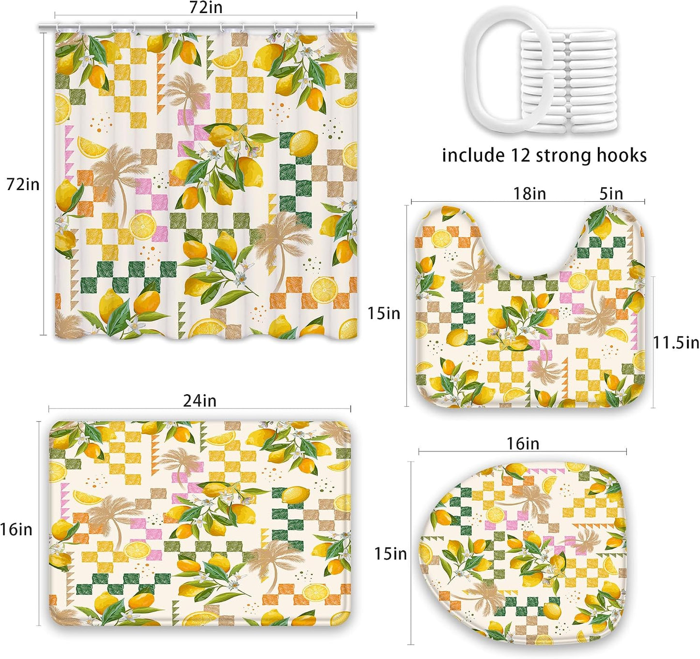 Summer Lemon Shower Curtain Sets with Rugs Citru Fruit Bathroom Set | Tropical Green Leaves Plant Geometric Boho Summer Home Bath Bathtub Decor Durable Curtain Mats for Bathroom 72x72 In