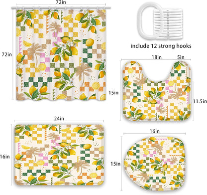Summer Lemon Shower Curtain Sets with Rugs Citru Fruit Bathroom Set | Tropical Green Leaves Plant Geometric Boho Summer Home Bath Bathtub Decor Durable Curtain Mats for Bathroom 72x72 In