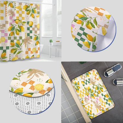 Summer Lemon Shower Curtain Sets with Rugs Citru Fruit Bathroom Set | Tropical Green Leaves Plant Geometric Boho Summer Home Bath Bathtub Decor Durable Curtain Mats for Bathroom 72x72 In