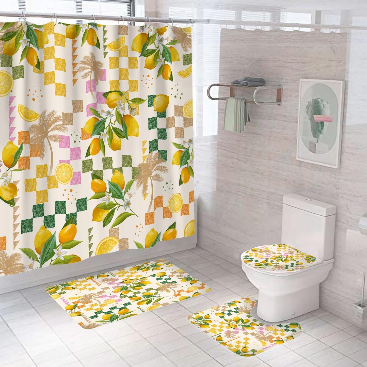 Summer Lemon Shower Curtain Sets with Rugs Citru Fruit Bathroom Set | Tropical Green Leaves Plant Geometric Boho Summer Home Bath Bathtub Decor Durable Curtain Mats for Bathroom 72x72 In