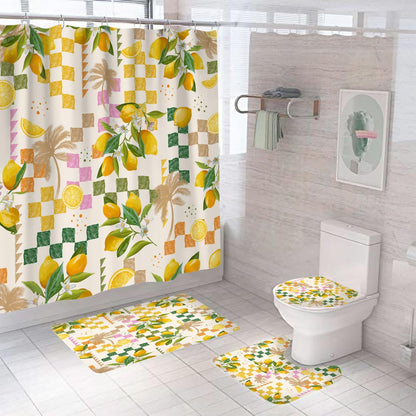 Summer Lemon Shower Curtain Sets with Rugs Citru Fruit Bathroom Set | Tropical Green Leaves Plant Geometric Boho Summer Home Bath Bathtub Decor Durable Curtain Mats for Bathroom 72x72 In