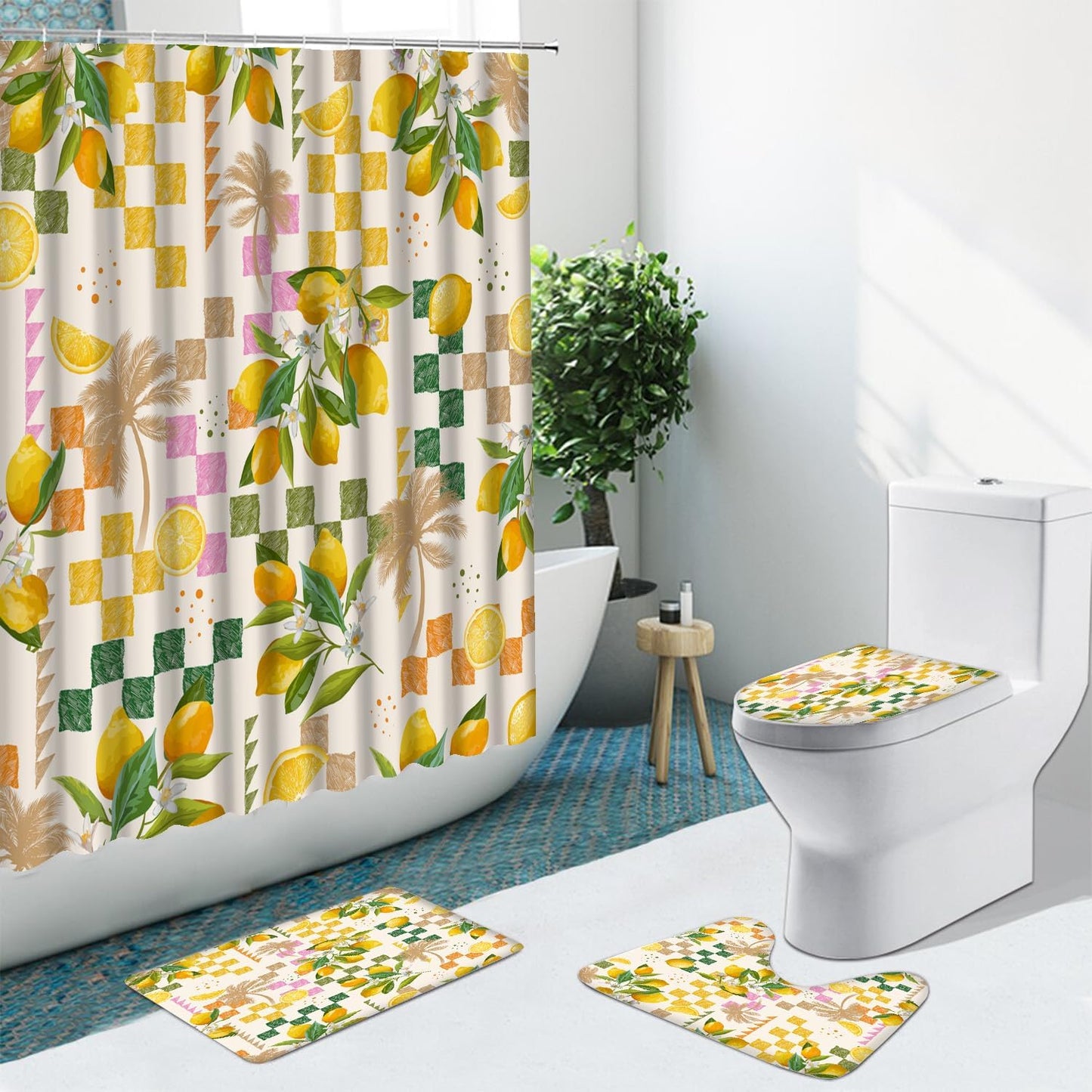 Summer Lemon Shower Curtain Sets with Rugs Citru Fruit Bathroom Set | Tropical Green Leaves Plant Geometric Boho Summer Home Bath Bathtub Decor Durable Curtain Mats for Bathroom 72x72 In