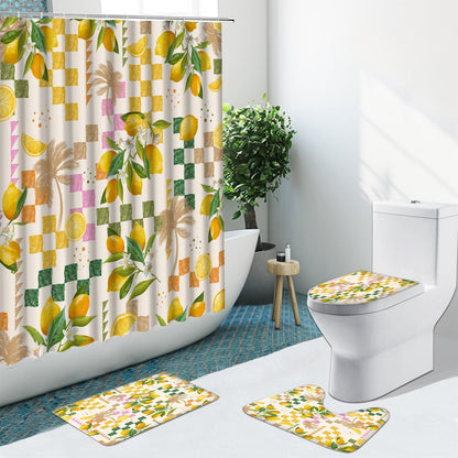 Summer Lemon Shower Curtain Sets with Rugs Citru Fruit Bathroom Set | Tropical Green Leaves Plant Geometric Boho Summer Home Bath Bathtub Decor Durable Curtain Mats for Bathroom 72x72 In