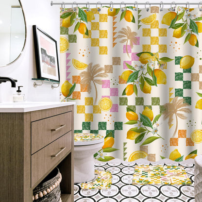 Summer Lemon Shower Curtain Sets with Rugs Citru Fruit Bathroom Set | Tropical Green Leaves Plant Geometric Boho Summer Home Bath Bathtub Decor Durable Curtain Mats for Bathroom 72x72 In