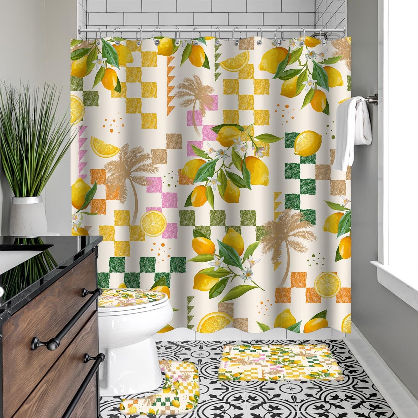Summer Lemon Shower Curtain Sets with Rugs Citru Fruit Bathroom Set | Tropical Green Leaves Plant Geometric Boho Summer Home Bath Bathtub Decor Durable Curtain Mats for Bathroom 72x72 In
