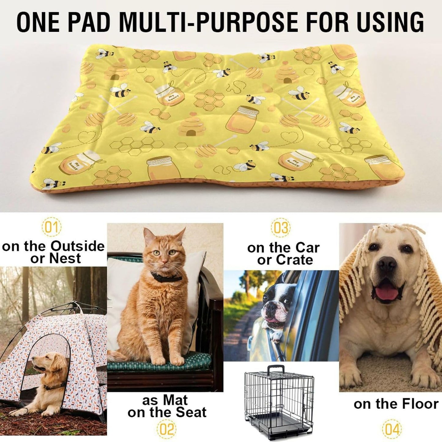 Yellow Bee Honey Pet Bed Cute Dog Bed Mat Absorbing Non Slip Pad Pet Sleeping Mat for Small, Medium, and Large Dogs Puppy Cat 24 in x 18 in