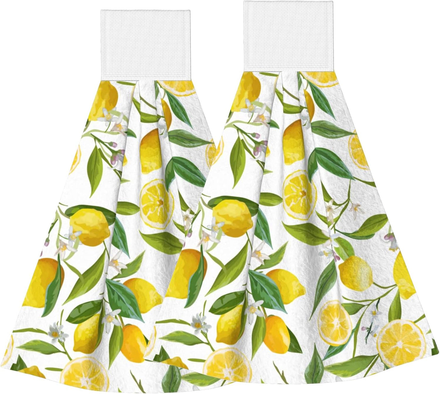 Lemon Kitchen Hand Towels with Loop 2 Pcs Spring Yellow Lemons Floral Leaves Hanging Dish Towels Soft Absorbent Tie Towel Dishcloths for Bathroom Kitchen Washroom 18 x 14 in