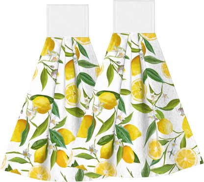Lemon Kitchen Hand Towels with Loop 2 Pcs Spring Yellow Lemons Floral Leaves Hanging Dish Towels Soft Absorbent Tie Towel Dishcloths for Bathroom Kitchen Washroom 18 x 14 in