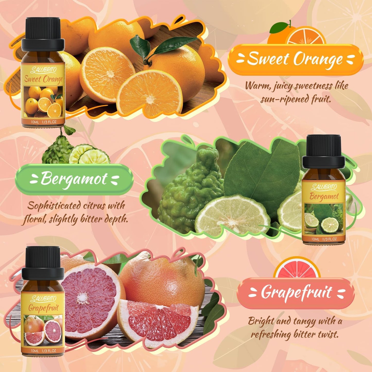 Citrus Essential Oils Set for Diffuser, Fragrance Oil | Sweet Orange, Bergamot, Lemon, Grapefruit, Mandarin Orange, Lime Scented Oil for Soap Making, Candle Making