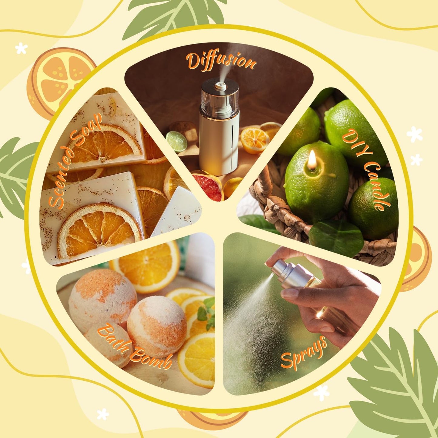 Citrus Essential Oils Set for Diffuser, Fragrance Oil | Sweet Orange, Bergamot, Lemon, Grapefruit, Mandarin Orange, Lime Scented Oil for Soap Making, Candle Making