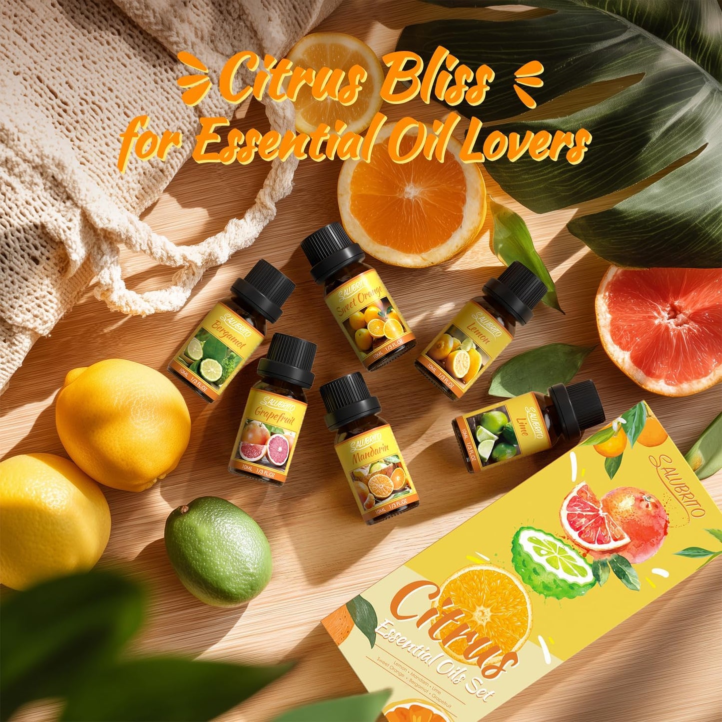 Citrus Essential Oils Set for Diffuser, Fragrance Oil | Sweet Orange, Bergamot, Lemon, Grapefruit, Mandarin Orange, Lime Scented Oil for Soap Making, Candle Making