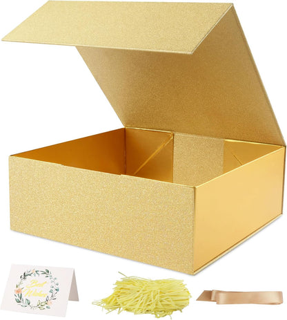 Gift Box 9.65x9.65x3.6 Inches, Gold Gift Box with Magnetic Lid, Collapsible Box with Ribbon, Raffia Grass, Card, for Birthdays, Christmas, or Parties, Gift Packaging
