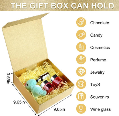 Gift Box 9.65x9.65x3.6 Inches, Gold Gift Box with Magnetic Lid, Collapsible Box with Ribbon, Raffia Grass, Card, for Birthdays, Christmas, or Parties, Gift Packaging
