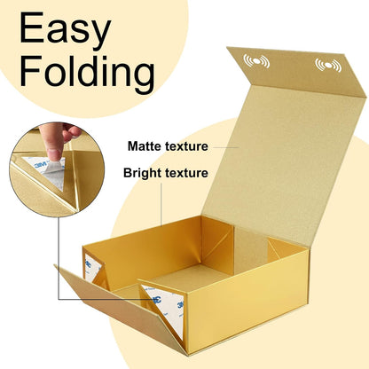 Gift Box 9.65x9.65x3.6 Inches, Gold Gift Box with Magnetic Lid, Collapsible Box with Ribbon, Raffia Grass, Card, for Birthdays, Christmas, or Parties, Gift Packaging