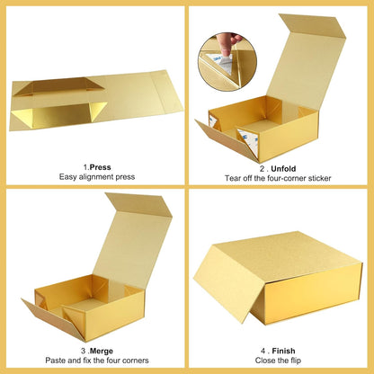Gift Box 9.65x9.65x3.6 Inches, Gold Gift Box with Magnetic Lid, Collapsible Box with Ribbon, Raffia Grass, Card, for Birthdays, Christmas, or Parties, Gift Packaging