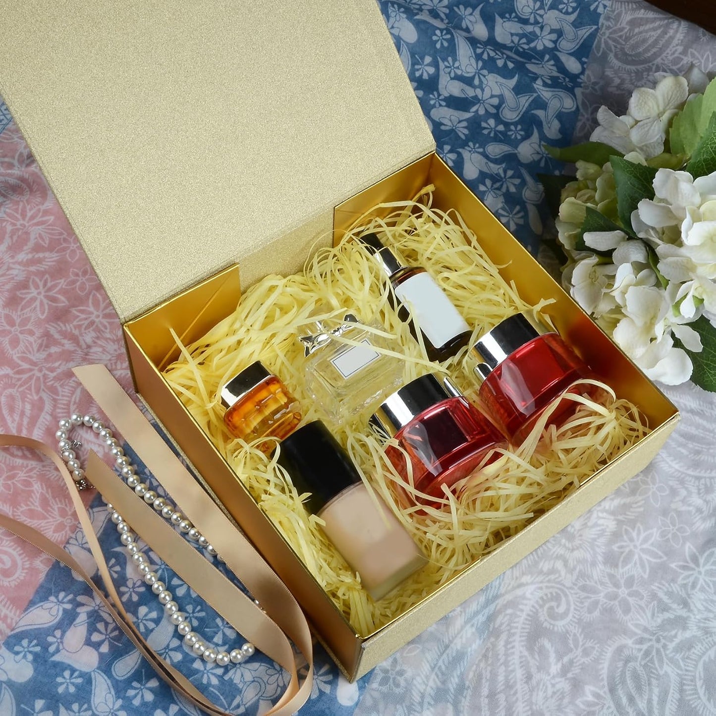 Gift Box 9.65x9.65x3.6 Inches, Gold Gift Box with Magnetic Lid, Collapsible Box with Ribbon, Raffia Grass, Card, for Birthdays, Christmas, or Parties, Gift Packaging