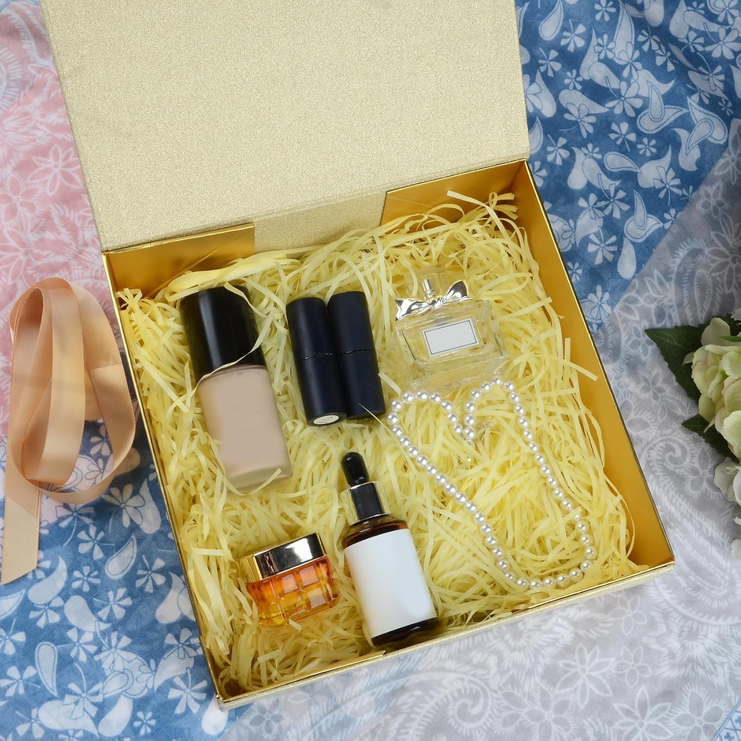 Gift Box 9.65x9.65x3.6 Inches, Gold Gift Box with Magnetic Lid, Collapsible Box with Ribbon, Raffia Grass, Card, for Birthdays, Christmas, or Parties, Gift Packaging