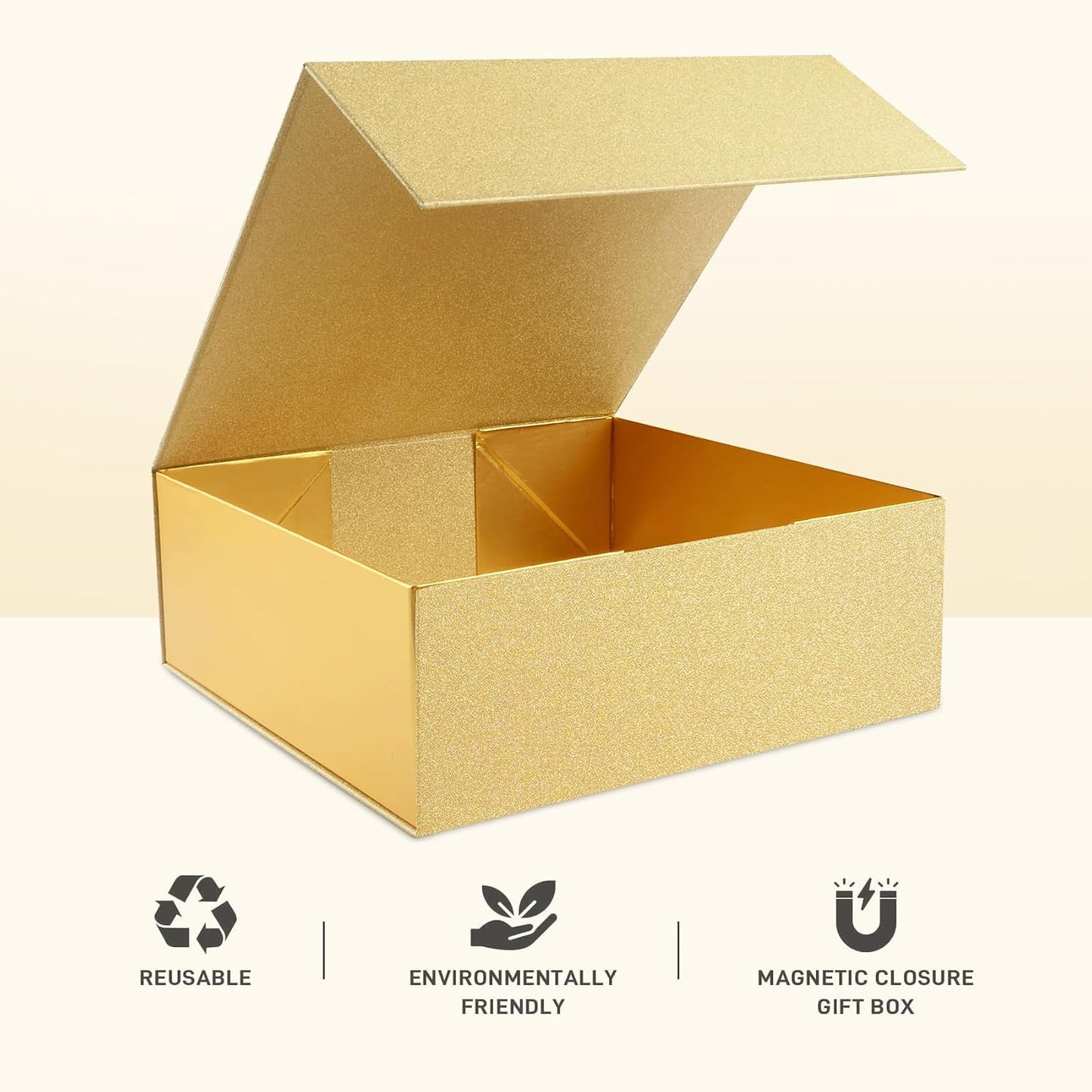Gift Box 9.65x9.65x3.6 Inches, Gold Gift Box with Magnetic Lid, Collapsible Box with Ribbon, Raffia Grass, Card, for Birthdays, Christmas, or Parties, Gift Packaging